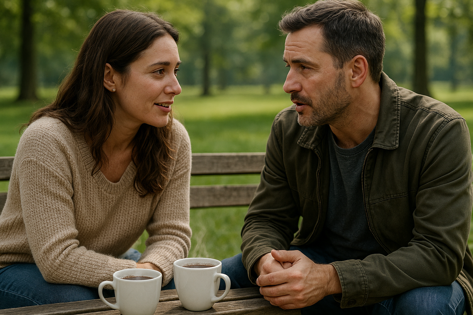 hyper realistic couple talking at the park with a coffee nearby.